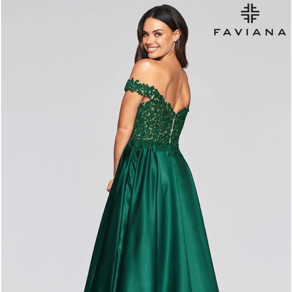 FAVIANA Style 10422- Emerald Green Off-Shoulder Dress - Picture 2 of 11